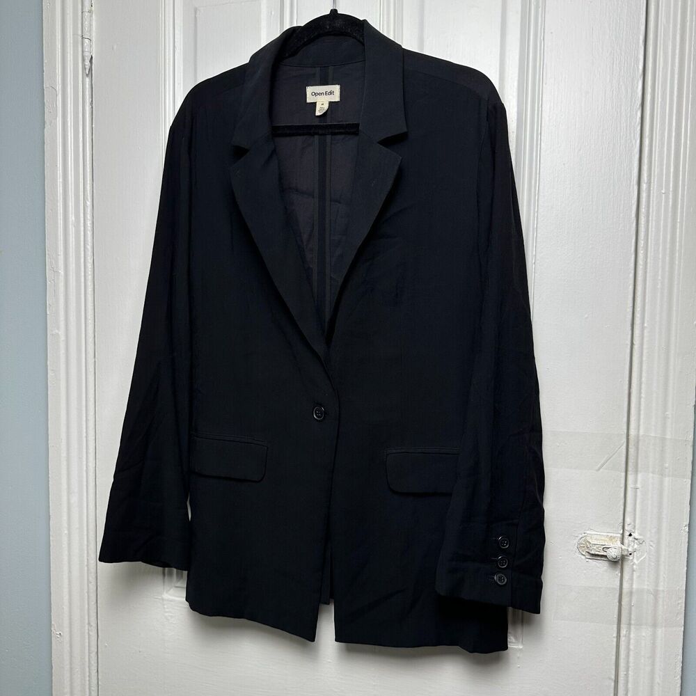 Open Edit Blazer Womens Medium Black Jacket Office Long Sleeve One Button